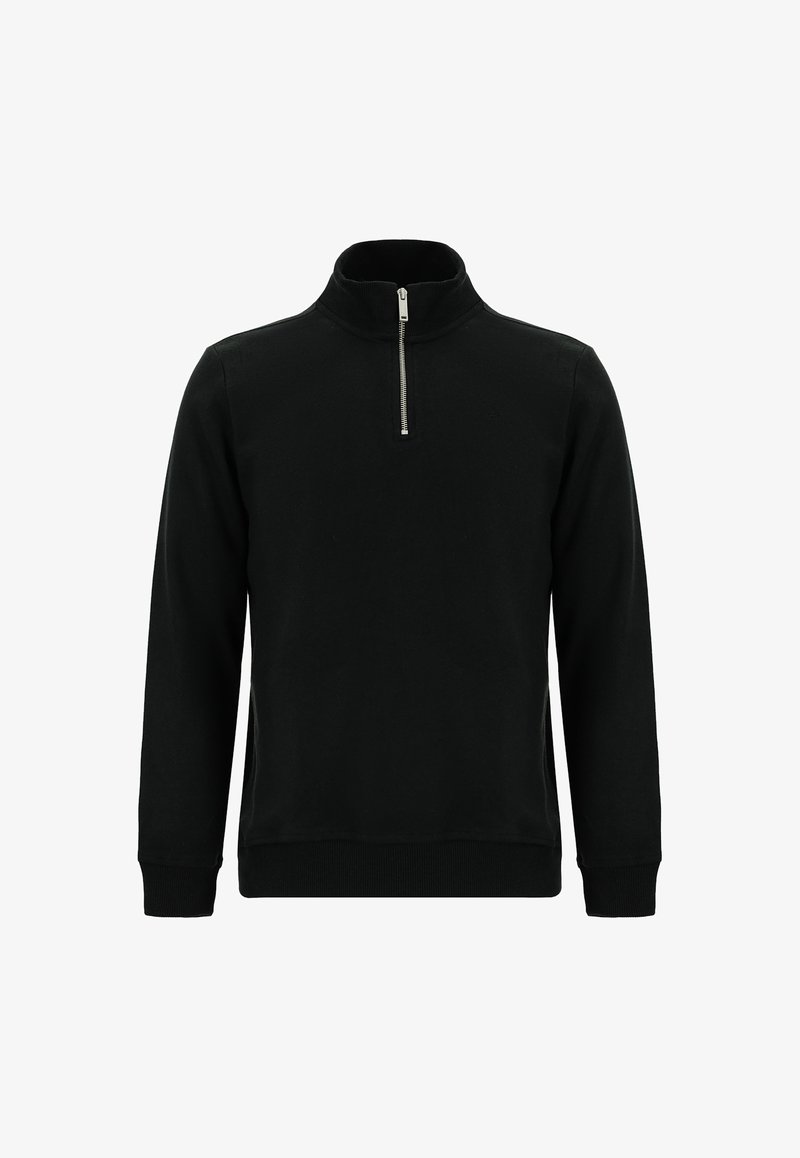 Felpa nera con collo alto, mezza zip frontale, maniche lunghe e polsini a costine. Realizzata in tessuto morbido e strutturato.