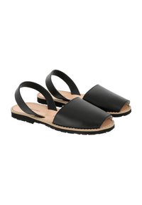 Svarta läder slingback-sandaler med öppen tå, som har en platt sula och en minimalistisk design. Dubbel ankelrem för en säker passform.