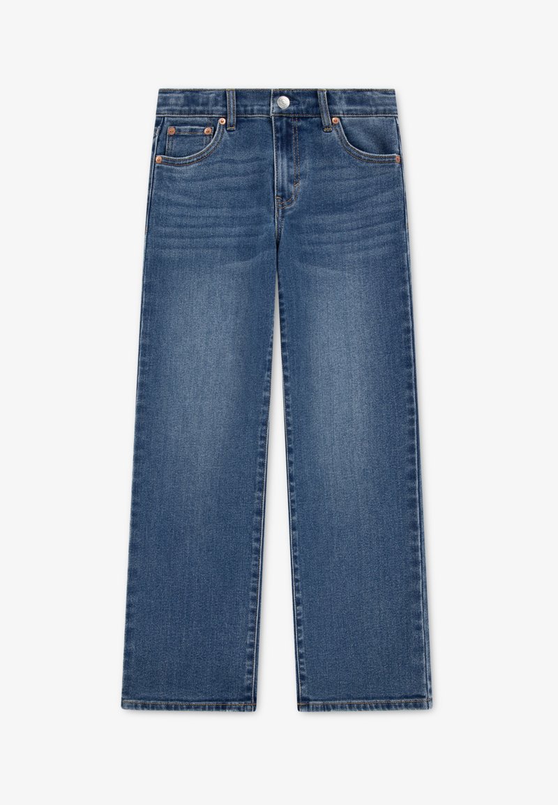 Traperice širokih nogavica u plavoj boji s srednjim strukom, prednjim džepovima i zatvaranjem na gumb. Imaju suptilno blijeđenje i detalje šivanja.