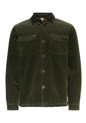 Mørkegrønn kordfløyelskjortejakke med knapper, to brystlommer med knappklaff og krage.
