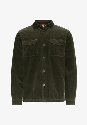 Mørkegrønn kordfløyelskjortejakke med knapper, to brystlommer med knappklaff og krage.
