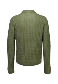 Olijfgroen kabeltrui met lange mouwen en een kleine kraag, van achteren weergegeven op een witte achtergrond.