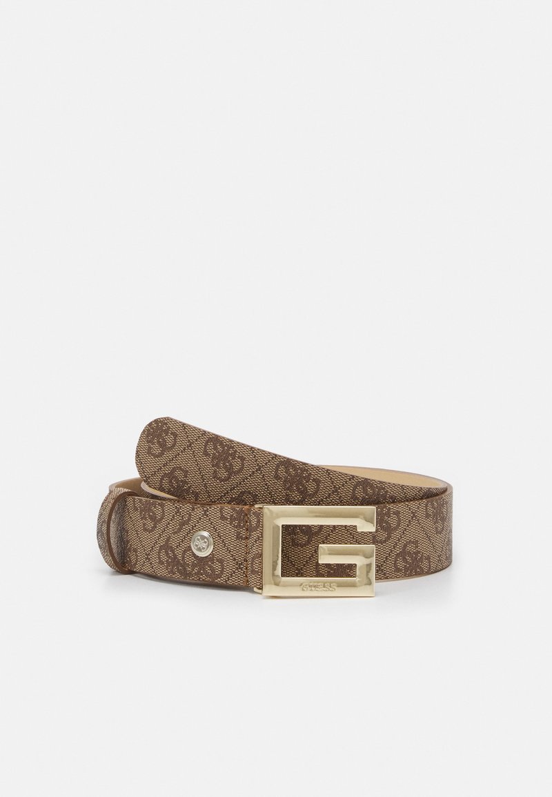 Ceinture marron de créateur avec un motif de logo répétitif et une grande boucle carrée dorée en forme de la lettre G.