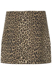 En leopardmønster miniskjørt laget av stoff, med en tettsittende design og rett fald, i en blanding av sandbrun, brun og svart mønster.