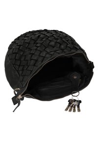 Black woven leather handbag with an open zipper showing an interior zip pocket and a set of keys attached inside.