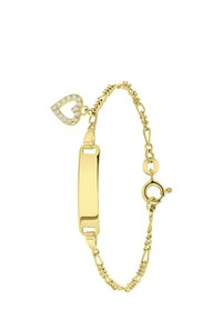 Gouden armband met een glad rechthoekig bedeltje en een hartvormige hanger versierd met heldere kristallen; schakeldesign met een sluiting.