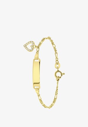 Gouden armband met een glad rechthoekig bedeltje en een hartvormige hanger versierd met heldere kristallen; schakeldesign met een sluiting.