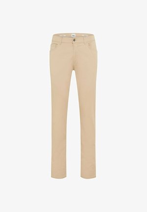 Beige schmale Hose mit Knopf vorne, Reißverschluss, Gürtelösen und Taschen, auf weißem Hintergrund präsentiert.