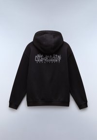Zwarte hoodie van katoenmix met een grote grijze grafiek op de achterkant met bomen en de tekst "NAPAPIJRI geographic."