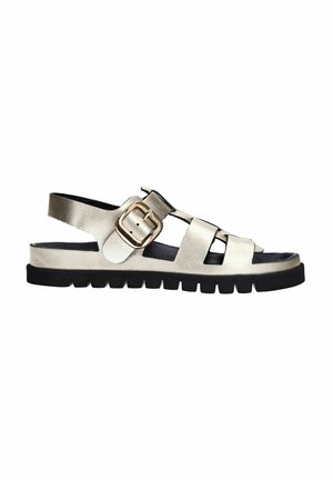 Metallic gold sandal featuring an open design, adjustable ankle strap with a buckle, and a thick black sole with textured tread.