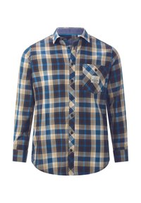 Langärmeliges Hemd mit Karomuster in Blau, Braun und Creme, mit geknöpfter Tasche und abgerundetem Saum; gemustertes Stoffdesign mit kontrastierendem Karo.