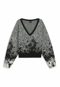 Schwarzer und weißer Strickpullover mit V-Ausschnitt, der ein Fischgrätenmuster aufweist und einen gesprenkelten Farbverlauf zum Saum hin zeigt.