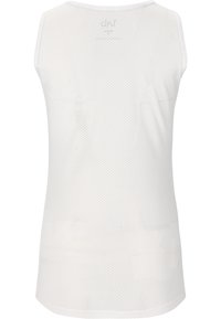 Hvid ærmeløs tanktop lavet af mesh-stof. Har en rund halsudskæring og en lige kant, med en glat tekstur og åndbart design.