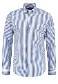 Button-up shirt featuring vertical blue and white stripes, a spread collar, long sleeves, and a small embroidered logo on the chest.