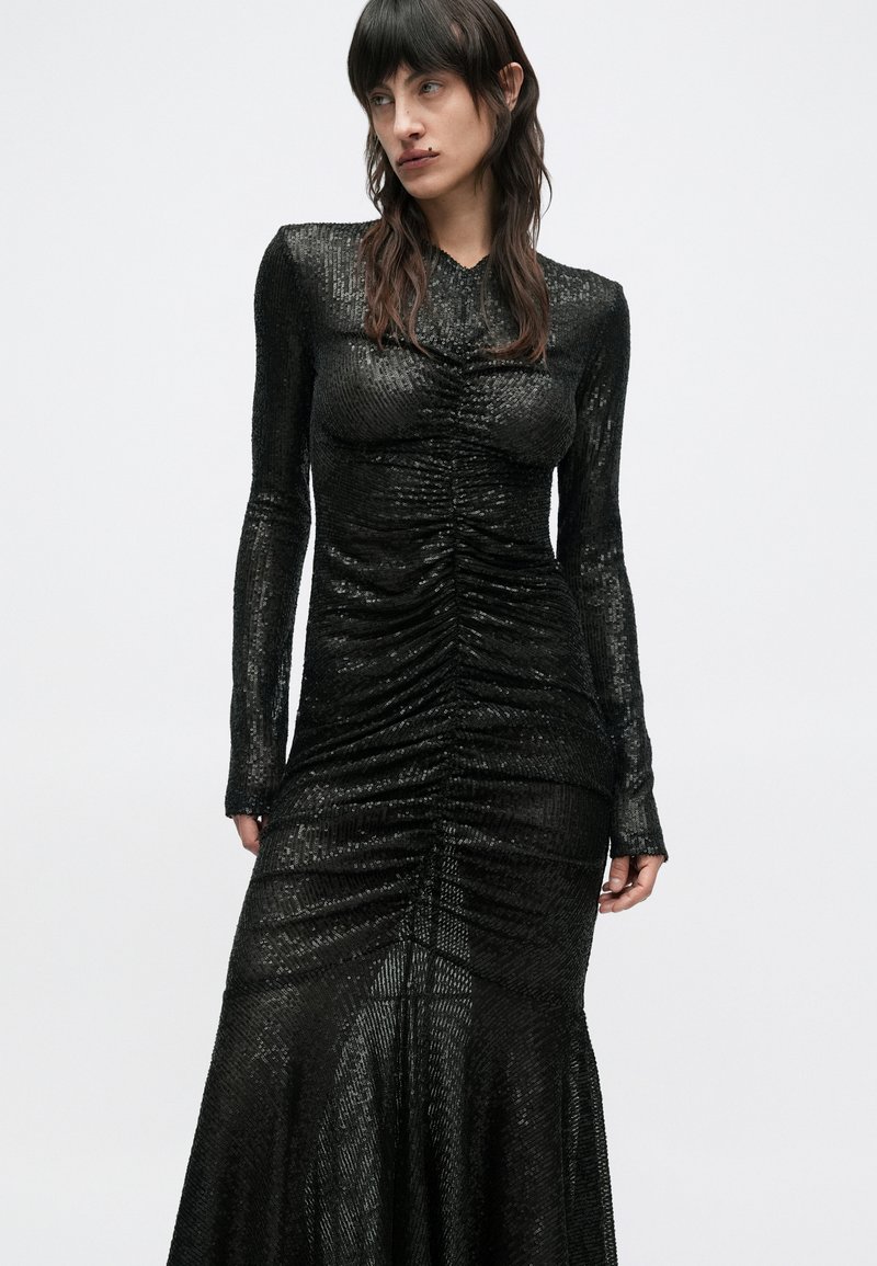 norma kamali long-sleeve v-neck shirred-front sequin fishtail maxi dress Norma Kamali Long Sleeve V Neck Shirred Front Fishtail Gown in Black