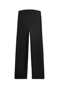 Fekete, bő szárú nadrág magas, rugalmas derékpánttal, kényelmes és laza viseletre tervezve.