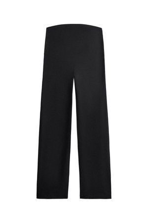 Pantaloni negri cu croială largă și talie înaltă cu elastic, concepuți pentru confort și o potrivire lejeră.