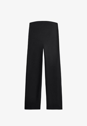 Pantaloni negri cu croială largă și talie înaltă cu elastic, concepuți pentru confort și o potrivire lejeră.