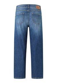 Dunkelblaue Jeans aus Denim mit geradem, cropped Design. Verfügt über zwei genähte Gesäßtaschen und ein Leder-Logoetikett am Bund.