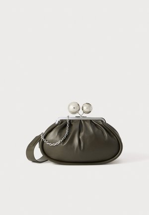Dark olive leather clutch purse with a silver metal frame, two large round clasps, and a short silver chain wrist strap.