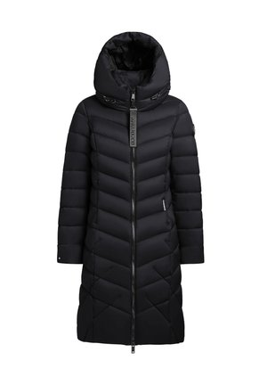 Piumino nero con colletto alto, cuciture a zigzag, chiusura a zip frontale e logo sul tirazip, dotato di maniche lunghe e lunghezza fino al ginocchio.