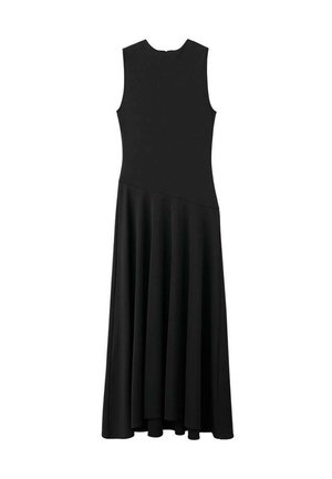 Vestido maxi negro sin mangas con un cuerpo ajustado y falda acampanada, que presenta una textura suave y un diseño minimalista, sin cierres visibles.