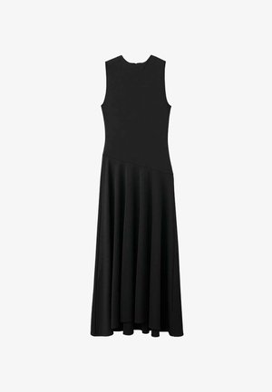 Schwarzes ärmelloses Maxikleid mit enger Passform im Oberteil und schwingendem Rock, ausgestattet mit einer glatten Textur und minimalistischem Design, ohne sichtbare Verschlüsse.