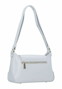 Borsa a spalla in pelle sintetica grigia chiara con tasca frontale con zip, tracolla regolabile e dettagli in metallo color oro.