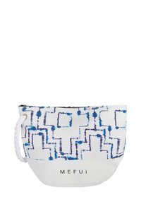 Borsa di cotone con un motivo geometrico blu e bianco, dotata di manico a corda e con il logo stampato "MEFUI" sulla base.