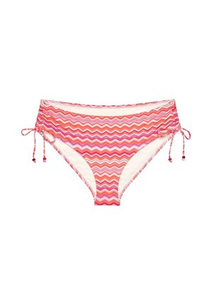 Low-Rise Bikinihose mit pinkem, orangenem und weißem Zickzackmuster, mit verstellbaren Seitenträgern mit kleinen Perlen.