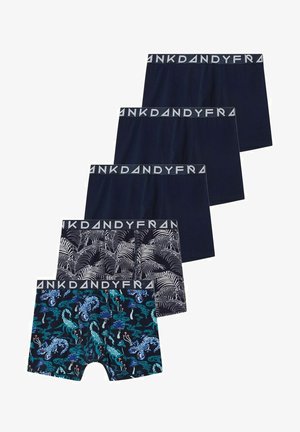 Pięć par męskich bokserek, dwie w jednolitym granacie, jedna w biały wzór liścia palmowego, jedna w niebiesko-zielony wzór oceaniczny, wszystkie z elastycznymi paskami z logiem.