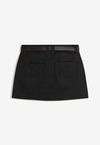 Black denim skirt featuring a fitted design, two back pockets, and a dark brown belt. Stitched detailing enhances the overall structure.