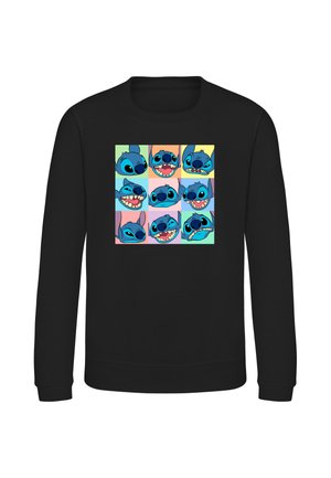 Sort sweatshirt med et farverigt gitter af ni tegneserieansigter, som viser forskellige udtryk af en blå alienfigur.