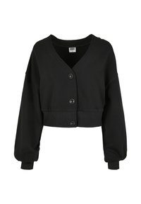 Black cropped cardigan made of soft fabric, featuring a V-neck, long puff sleeves, and five large round buttons down the front.