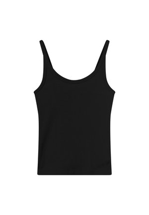 Czarny, bezrękawnik z prążkowanego materiału z cienkimi ramiączkami i dekoltem w kształcie litery U, przedstawiony na białym tle.