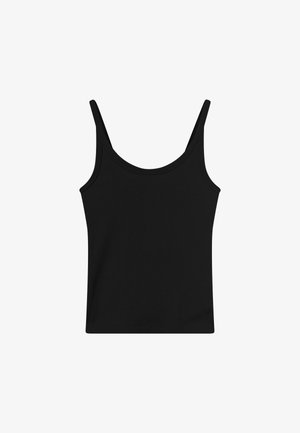 Czarny, bezrękawnik z prążkowanego materiału z cienkimi ramiączkami i dekoltem w kształcie litery U, przedstawiony na białym tle.