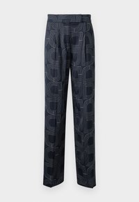 Navy patterned trousers featuring a geometric design, made from smooth fabric with a relaxed fit and front pleats.