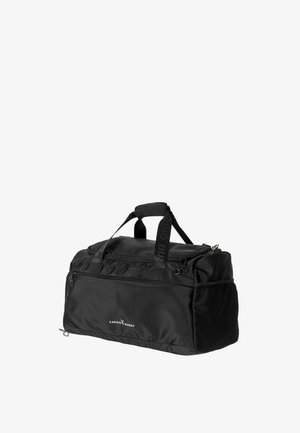 Fekete sportos utazótáska két fogantyúval, elülső cipzáras zsebbel, hálós oldalzsebbel és a "Cardio Bunny" logóval az elülső panelen.