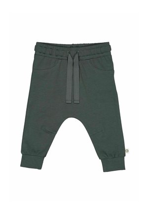 Dark green cotton jogger pants with an elastic waistband, drawstring closure, side pockets, and gathered cuffs at the ankles.