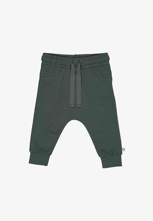 Pantaloni jogger in cotone verde scuro con vita elastica, chiusura con lacci, tasche laterali e polsini arricciati alla caviglia.