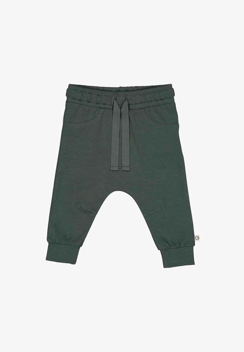 Dunkelgrüne Baumwoll-Jogginghose mit elastischem Bund, Kordelzugverschluss, Seitentaschen und gerafften Bündchen an den Knöcheln.