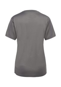 Grå kortärmad t-shirt gjord av mjukt, lätt tyg. Har rund hals och en enkel design utan mönster eller utsmyckningar.