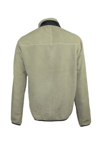 Veste en polaire gris clair à manches longues, col montant et accents noirs le long de l'ourlet. Texture douce, sans motifs ni éléments métalliques visibles.