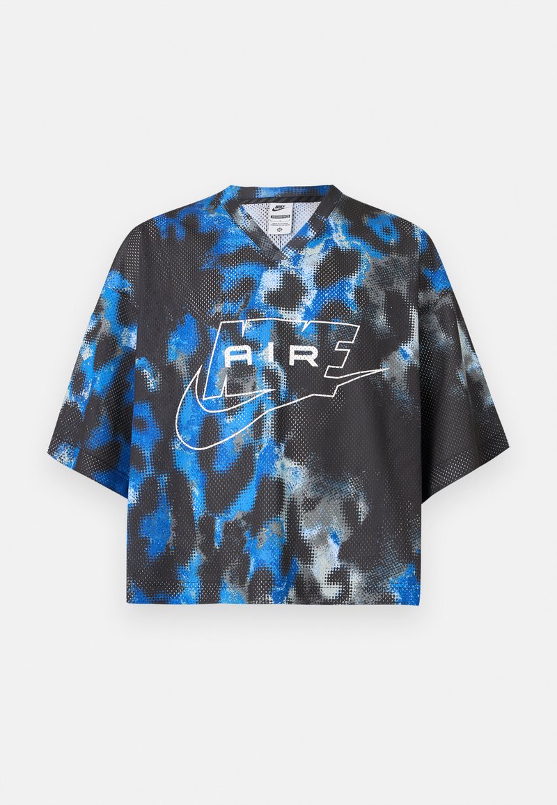 Nike Sporttrikot mit kurzen Ärmeln in Schwarz, mit blauen und grauen abstrakten Mustern und weißem "AIR"-Text sowie Swoosh-Logo auf der Vorderseite.