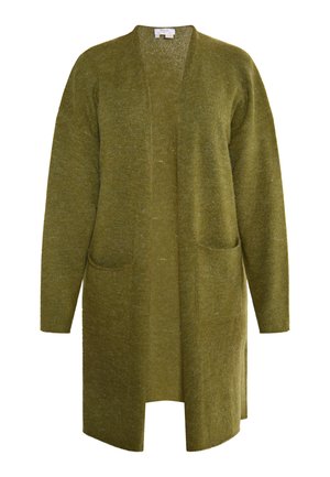 Olive green cardigan made of soft knit fabric, featuring a shawl collar, open front, two front pockets, and long sleeves.