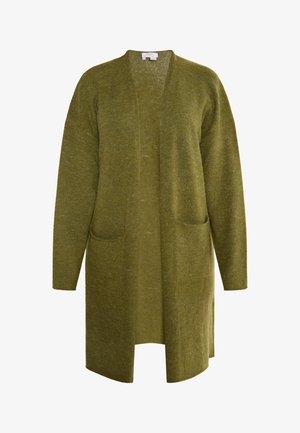 Maslinasto zeleni kardigan izrađen od mekog pletenog materijala, sa šalom, otvorenim prednjim dijelom, dva prednja džepa i dugim rukavima.