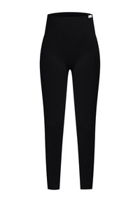 Černé žebrované legíny s vysokým pasem, těsným střihem a hladkou texturou, vhodné pro volnočasové nošení nebo cvičení.
