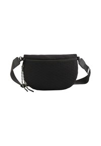 Schwarze Gürteltasche mit hexagonalem Muster, Reißverschluss, verstellbarem Gurt und bunten Reißverschlussanhängern. Strukturierter Stoff in runder Form.