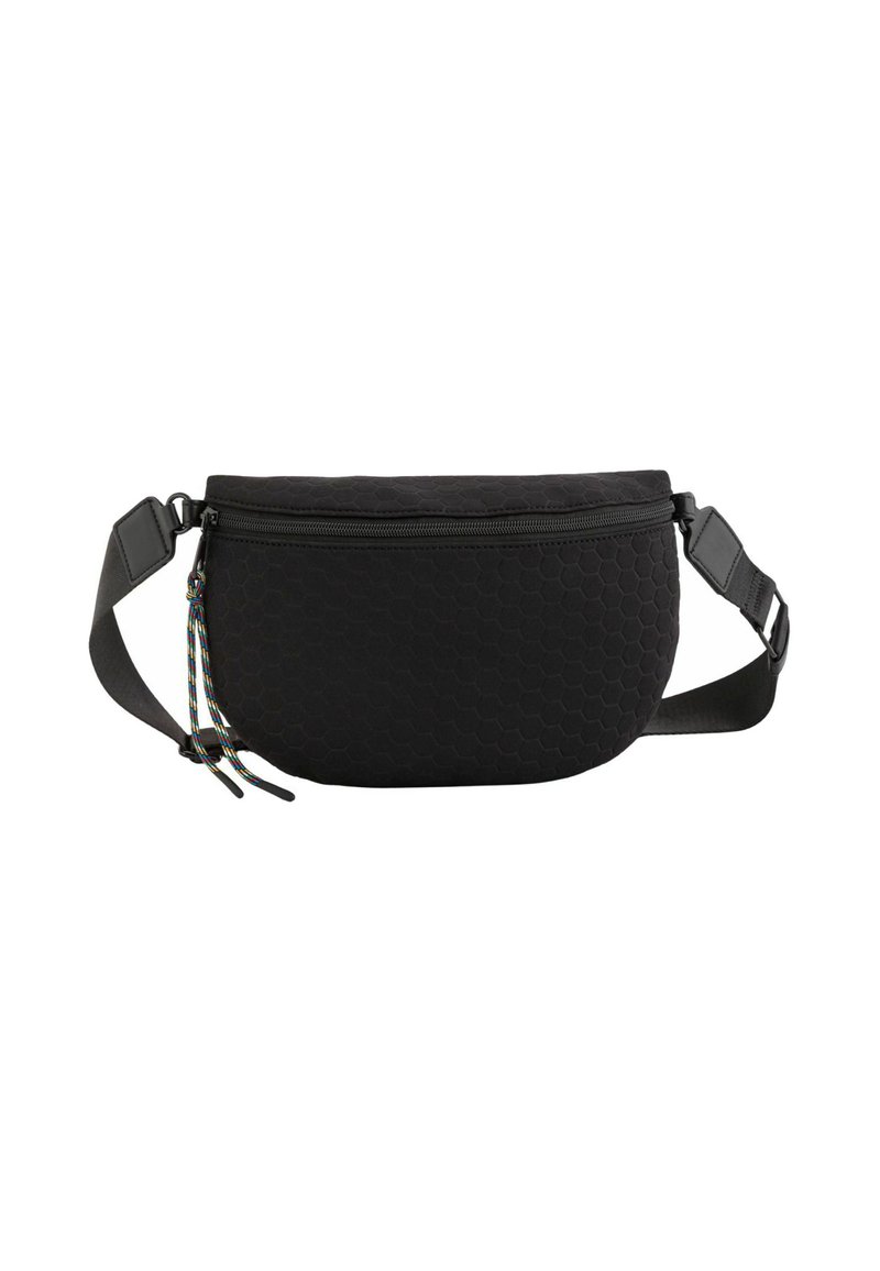 Schwarze Gürteltasche mit hexagonalem Muster, Reißverschluss, verstellbarem Gurt und bunten Reißverschlussanhängern. Strukturierter Stoff in runder Form.