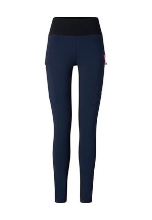 Marineblaue Sportleggings mit hohem schwarzem Bund, Seitentaschen und einem kleinen pinken Reißverschlussdetail an der rechten Tasche.